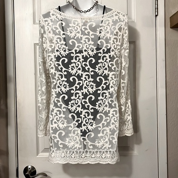 Capri Cream Lace Long Sleeve Beach Pool Boho Embroidered Coverup Top Sz L - Picture 2 of 9